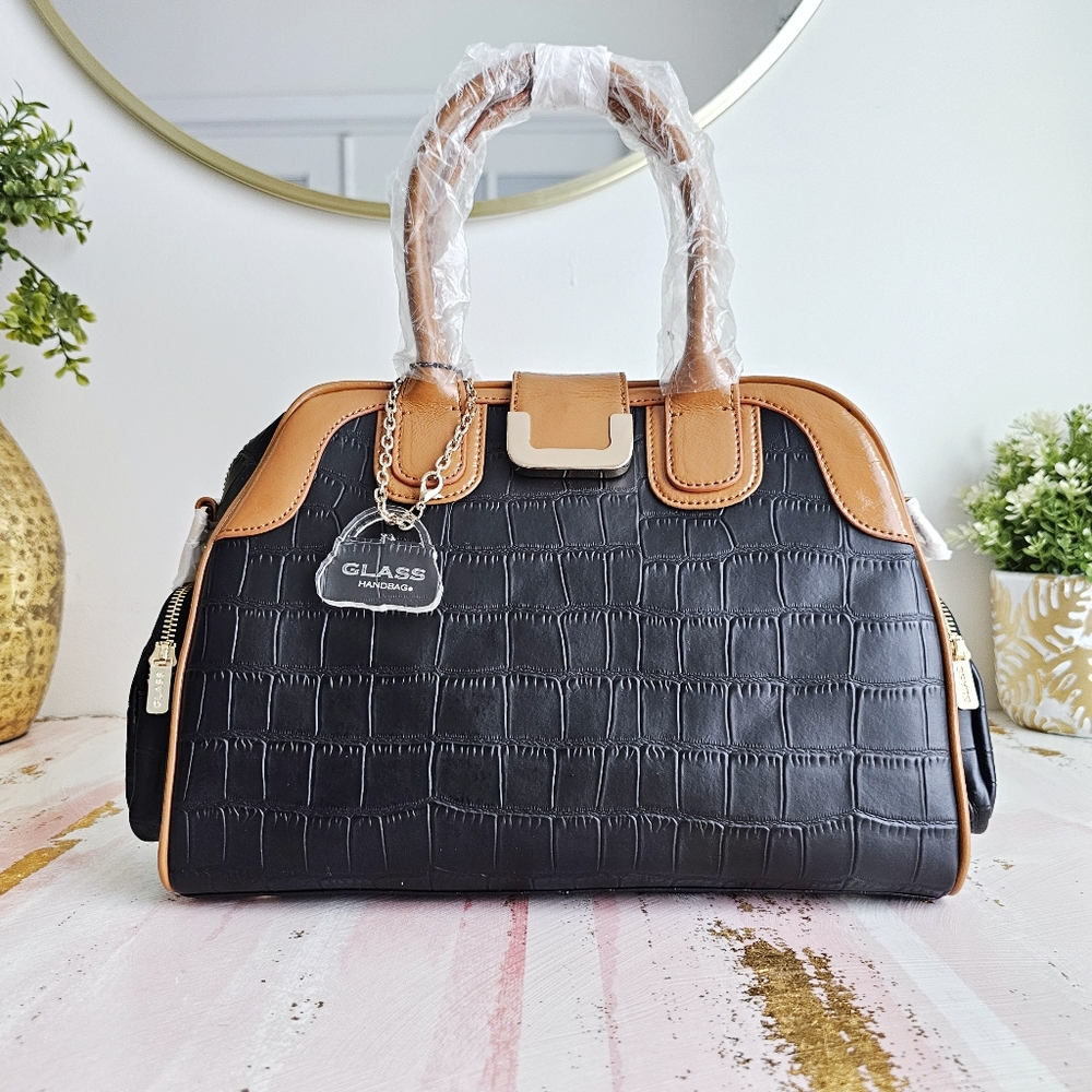 NWT Italian Cowhide Classic Satchel, Glass Handbag Black Crocodile Embossed Bag